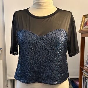 Divided Black Mesh and Blue Sequin Crop Top